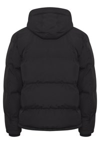 Black puffer jacket with a hood, featuring quilted sections, elastic cuffs, and a smooth, weather-resistant exterior.