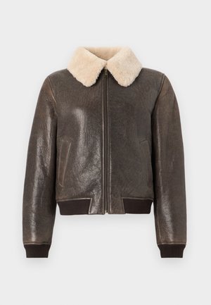 Leather bomber jacket in dark brown with a faux shearling collar, zip closure, and ribbed cuffs and hem. Textured finish and side pockets.