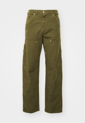 Khaki cargo pants in durable cotton fabric, featuring two front pockets, side pockets, and a straight-leg design with subtle stitching details.