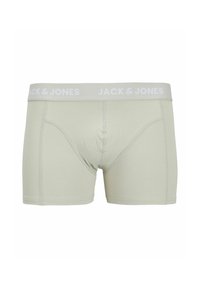 Boxer beige pour homme avec une ceinture élastique blanche portant la marque "JACK & JONES" sur le devant.