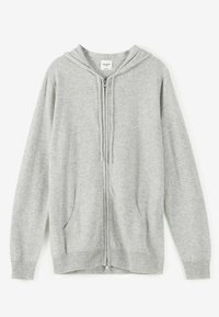 Grå zip-up hoodie gjord av mjukt tyg, med dragsko i huvan, ribbad mudd och nederkant, samt två framfickor.