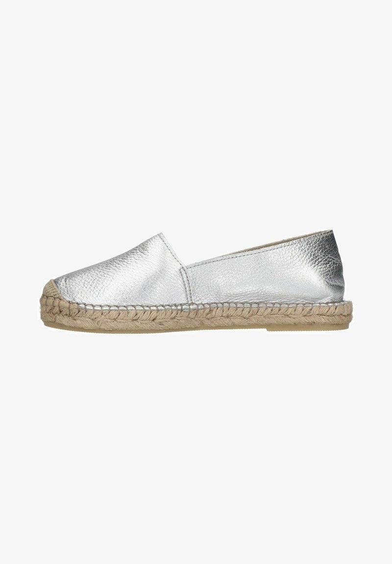 Silver espadrille flats with a textured upper, espadrille-styled jute sole, and no closure or additional embellishments.