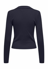 Pull à manches longues côtelé bleu marine foncé avec un petit col, une taille cintrée et un ourlet droit, vu de dos.