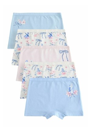 Cinque paia di boxer da ragazza in azzurro pastello, rosa e bianco con motivi floreali, fiocchi e personaggi animati.