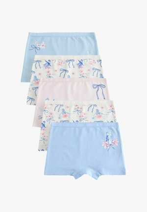 Fünf Paare Mädchen-Boxershorts in Pastellblau, Rosa und Weiß mit Blumen-, Schleifen- und animierten Charaktermustern.