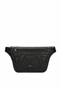 Borsa in pelle nera con un design trapuntato, dotata di una tasca frontale con zip e dettaglio del logo. Forma compatta con tracolla regolabile.