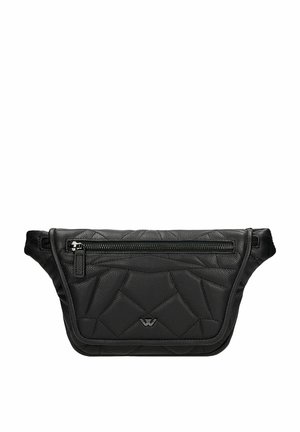 Borsa in pelle nera con un design trapuntato, dotata di una tasca frontale con zip e dettaglio del logo. Forma compatta con tracolla regolabile.
