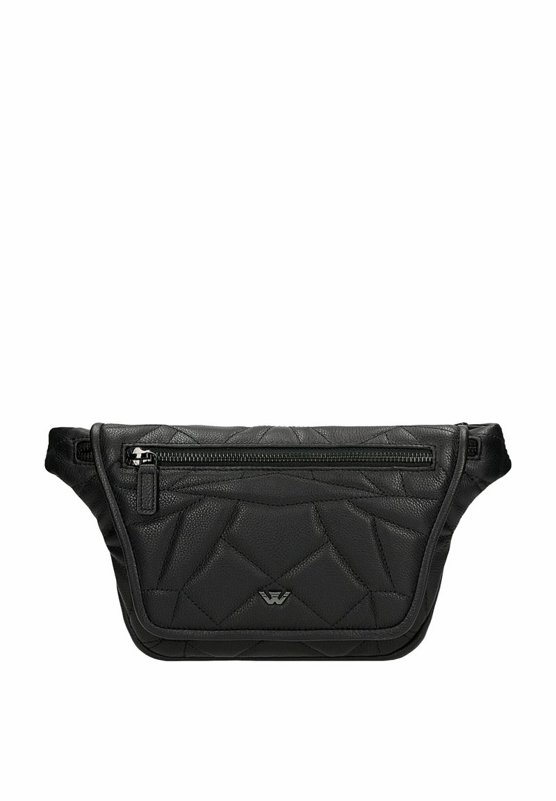 Borsa in pelle nera con un design trapuntato, dotata di una tasca frontale con zip e dettaglio del logo. Forma compatta con tracolla regolabile.