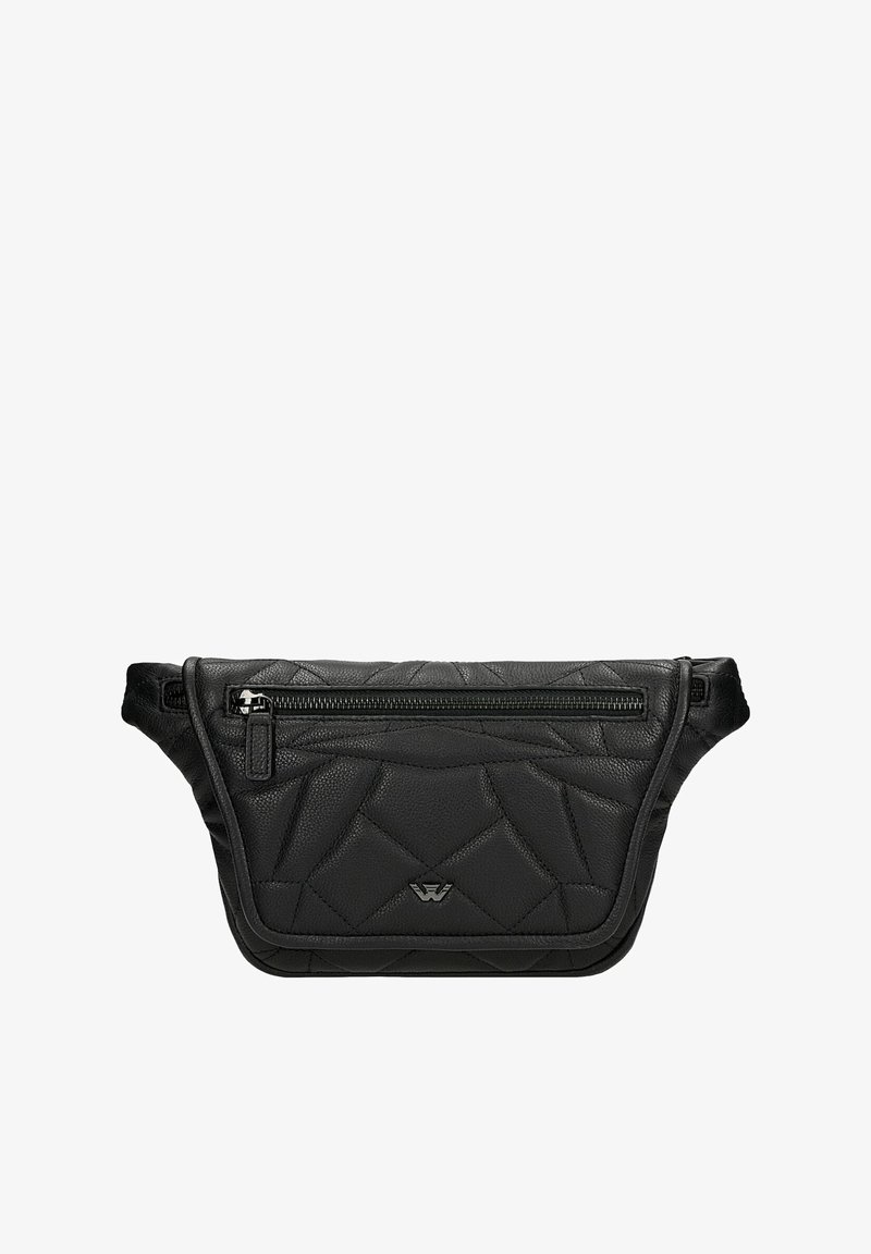 Sac en cuir noir avec un design matelassé, comportant une poche zippée à l'avant et un détail de logo. Forme compacte avec une bandoulière ajustable.