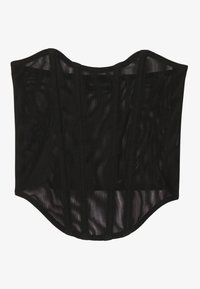 Svart mesh-korsett med en strukturert design, som har vertikale sømmer og en buet kant. Materialet ser lett og noe gjennomsiktig ut.