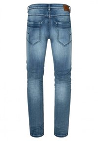 Blue denim jeans with a slim fit, five-pocket design, and subtle fading details. Features a textured leather patch at the waistband.