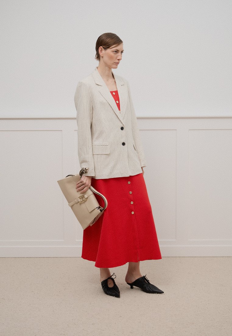 Blazer a righe beige, vestito rosso a bottoni, borsa beige e scarpe nere a punta. Tessuto morbido, design aderente, gonna di lunghezza media.