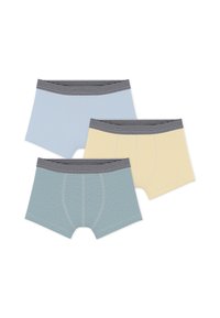 Τρία ζευγάρια ανδρικά μποξεράκια σε ανοιχτό γαλάζιο, παλ κίτρινο και πετρόλ, με στενές κάθετες ρίγες και μαύρη μέση με ρίγες.