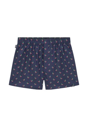Shorts de boxe bleu marine avec un motif de cerises blanches, taille élastique et coupe ample pour le confort. Tissu léger avec une texture lisse.