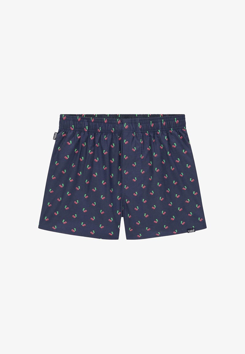 Shorts de boxe bleu marine avec un motif de cerises blanches, taille élastique et coupe ample pour le confort. Tissu léger avec une texture lisse.