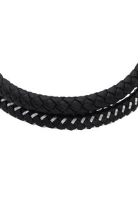 Corda nera intrecciata con una finitura texturizzata, caratterizzata da accenti in argento intrecciati tra due fili. Design a doppio strato, liscia e tattile.