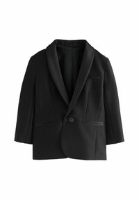 Čierny blazer so saténovým šálovým golierom, zapínanie na jeden gombík a dve predné vrecká. Vyrobený z hladkého materiálu s prispôsobenou štruktúrou.