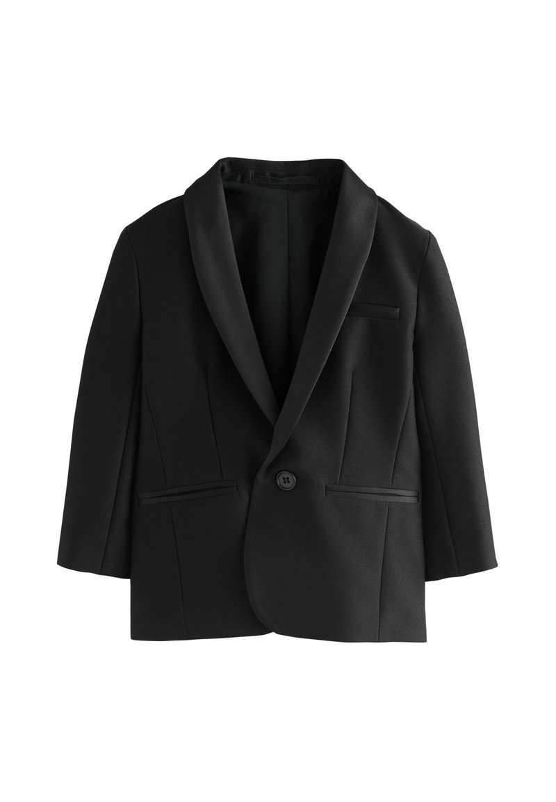 Čierny blazer so saténovým šálovým golierom, zapínanie na jeden gombík a dve predné vrecká. Vyrobený z hladkého materiálu s prispôsobenou štruktúrou.