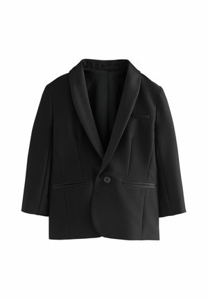 Schwarzer maßgeschneiderter Blazer mit Schalkragen, Ein-Knopf-Verschluss und drei Fronttaschen vor weißem Hintergrund.