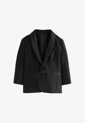Sort skræddersyet blazer med sjalkrave, lukning med én knap og tre forlommer på hvid baggrund.