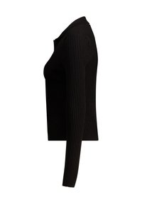Black ribbed long-sleeve top with a collared neckline, featuring a fitted shape and soft texture, emphasizing vertical stripes throughout.