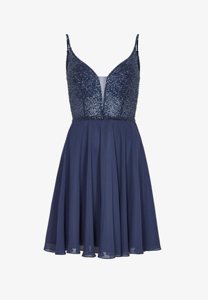 Marineblauwe jurk met een aansluitende met pailletten versierde lijfje, een diepe V-halslijn en een zwierige rok. Verstelbare spaghettibandjes accentueren het ontwerp.