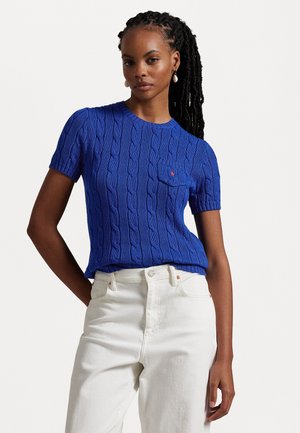 Cable Knit Cotton Short Sleeve Sweater - T-Shirt basic - blue saturn