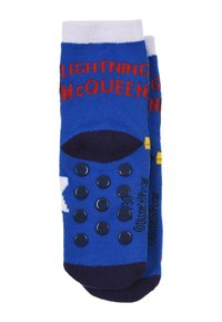 Blue socks with red "LIGHTNING McQUEEN" text. Features rubber grip dots and white accents. Fabric is soft, knitted, and stretchable.