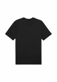 Tricou negru cu mânecă scurtă, cu guler rotund, realizat dintr-un material de bumbac neted. Fără modele sau logo-uri vizibile pe spate.