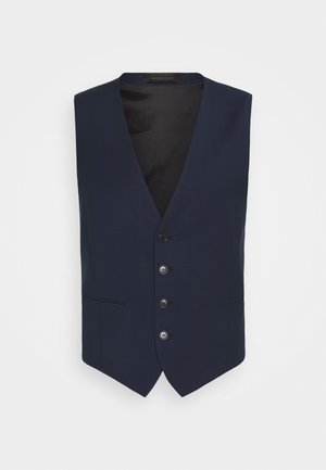 Gilet bleu marine avec un col en V, cinq boutons, deux poches avant et une texture lisse. Doublure intérieure en tissu noir.