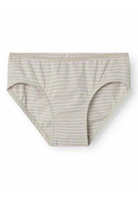 Culotte en coton beige avec de fines rayures blanches. Dispose d'une taille avec une bordure en dentelle, de côtés sans coutures et d'un tissu doux et texturé.