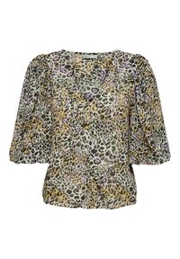 Blus med leopardmönster i lätt tyg, med V-ringning, ballongärmar och knapplist framtill i nyanser av grönt, gult och lavendel.
