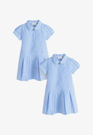 Dos vestidos idénticos de manga corta a cuadros en azul claro y blanco, con cuellos, cremallera frontal, bolsillo en el pecho y faldas plisadas.
