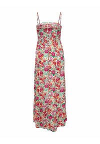 Maxi sukienka w kwiatowy wzór; posiada cienkie ramiączka, marszczony gorset oraz zwiewną spódnicę w kolorach różowym, zielonym i żółtym na jasnym tle.
