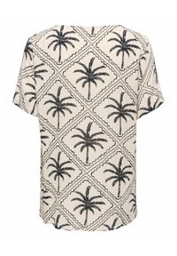 Chemise beige à manches courtes avec un motif répétitif de palmiers noirs à l'intérieur de formes en losange avec des bordures pointillées.
