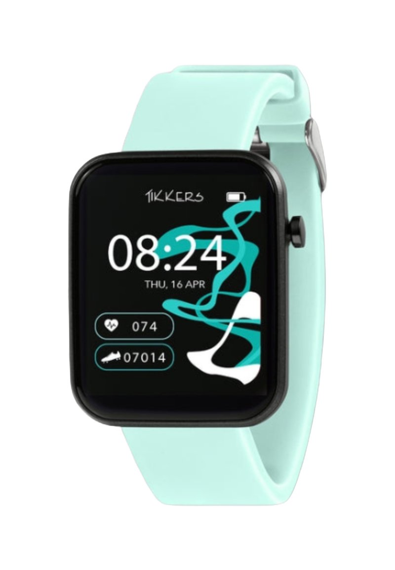 Een smartwatch met een zwart frame en een vierkant wijzerplaat, mintgroene siliconen band en een levendige interface die tijd, datum en activiteitsmetingen weergeeft.