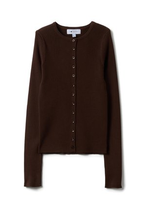Cárdigan de manga larga marrón oscuro con canalé, cuello redondo y una fila frontal de pequeños botones a juego, extendido sobre un fondo blanco.