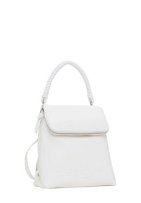 Borsa bianca con un design strutturato, manico texture, chiusura con zip e logo del marchio in rilievo sul fronte. Inclusa tracolla regolabile.