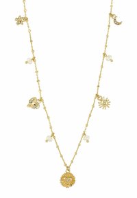 Goudkleurige ketting met verschillende bedels: zon, maan, hart en parels. Heeft een fijne ketting met kleine kralen en gedetailleerde bedels.
