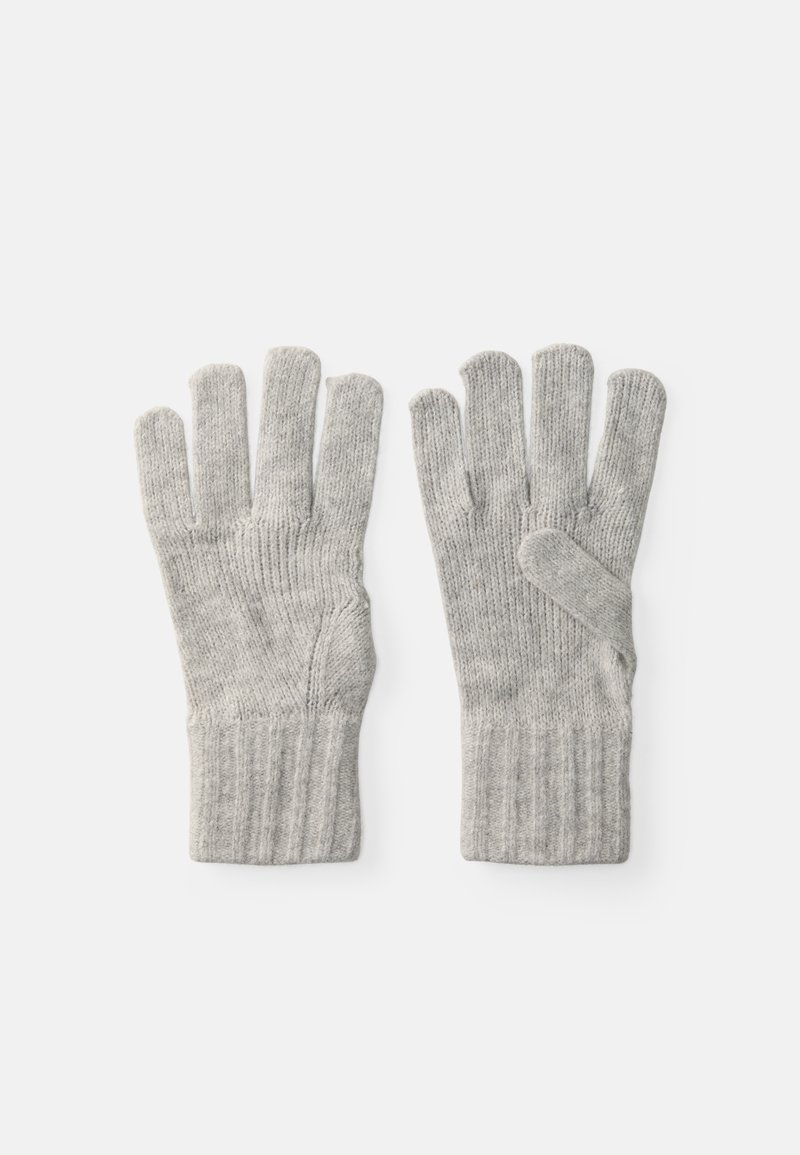Luvas de lã cinzas feitas de material macio, com um design de cinco dedos, punhos com nervuras e uma superfície texturizada para melhor aderência.