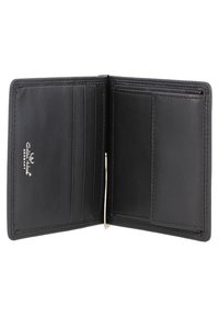 Billetera de cuero negro con múltiples ranuras para tarjetas y un clip de metal para efectivo. Textura suave y detalles de costura prolijos en toda su superficie.