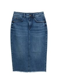 Denim pencil skirt in dark blue, featuring a high waist, front pockets, a zipper fly, and raw hem detailing at the bottom edge.