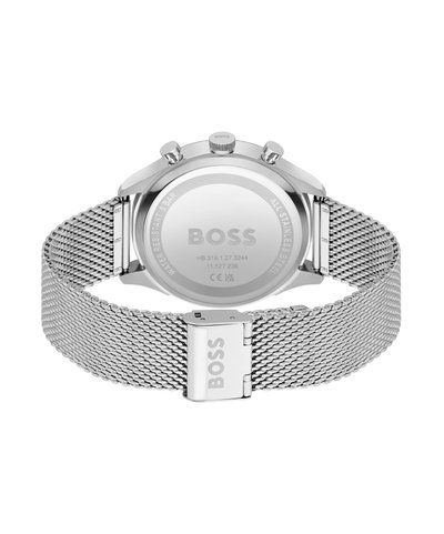 Montre en acier inoxydable argenté avec un bracelet en mailles, un boîtier rond et trois boutons-poussoirs. Dos gravé avec le nom de la marque et les détails de résistance à l'eau.