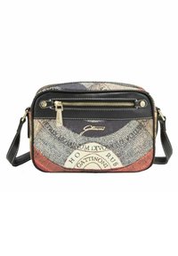 Borsa a tracolla con stampa grafica multicolore, dotata di tasca frontale con zip, dettagli in pelle e una tracolla regolabile.
