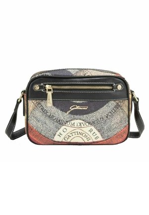 Borsa a tracolla con stampa grafica multicolore, dotata di tasca frontale con zip, dettagli in pelle e una tracolla regolabile.