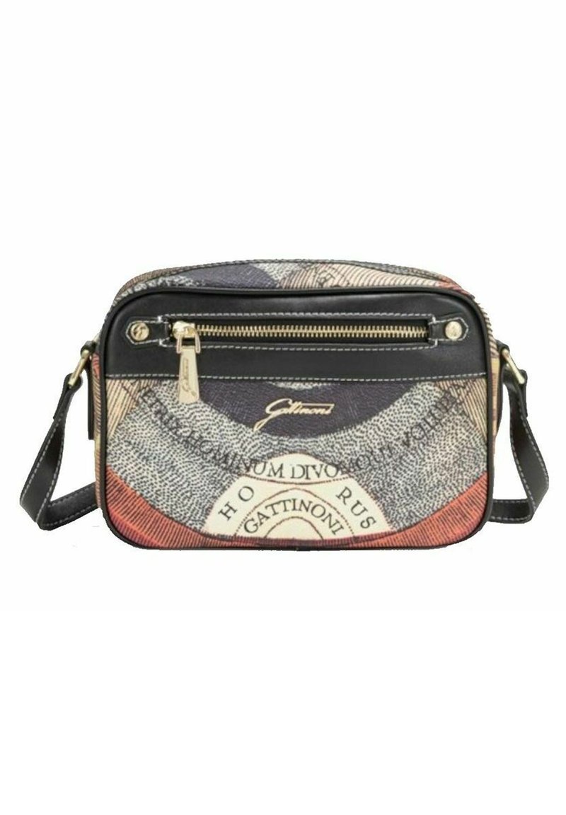 Borsa a tracolla con stampa grafica multicolore, dotata di tasca frontale con zip, dettagli in pelle e una tracolla regolabile.