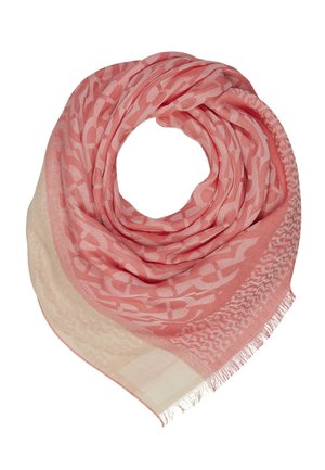 Écharpe rose pâle avec bordure beige clair, présentant des motifs géométriques abstraits et des bords frangés, pliée en forme circulaire.