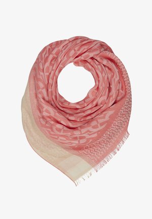 Écharpe rose pâle avec bordure beige clair, présentant des motifs géométriques abstraits et des bords frangés, pliée en forme circulaire.