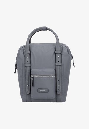 Grijze rechthoekige handtas met dubbele handvatten, een voorzak met rits, twee verticale leren banden en een Picard merklabel.