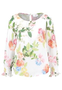 Blouse fleurie à manches longues, fond blanc, avec des fleurs roses, orange et bleues, poignets smockés et encolure ronde.